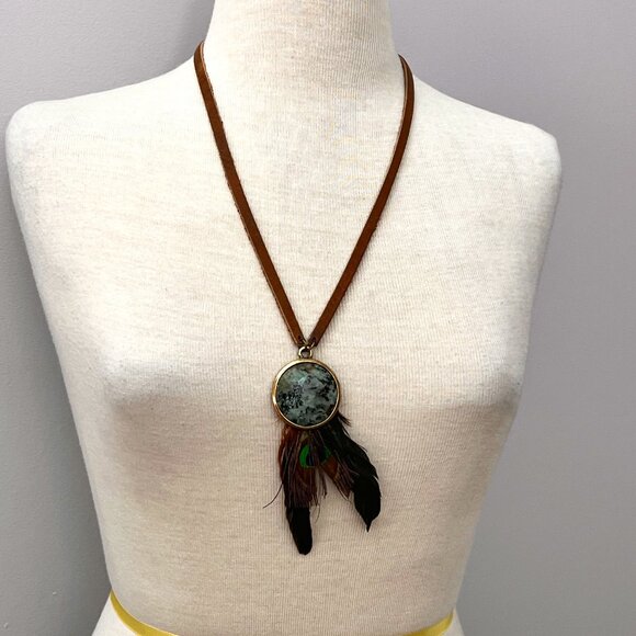 Vintage Leatherock Stone and Peacock Feather Leather Bohemian Statement Necklace - Picture 2 of 12